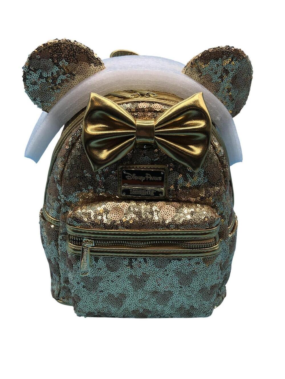 Disney Parks Loungefly Mini Backpack Womens Gold Minnie Sequin Bow Sparkle